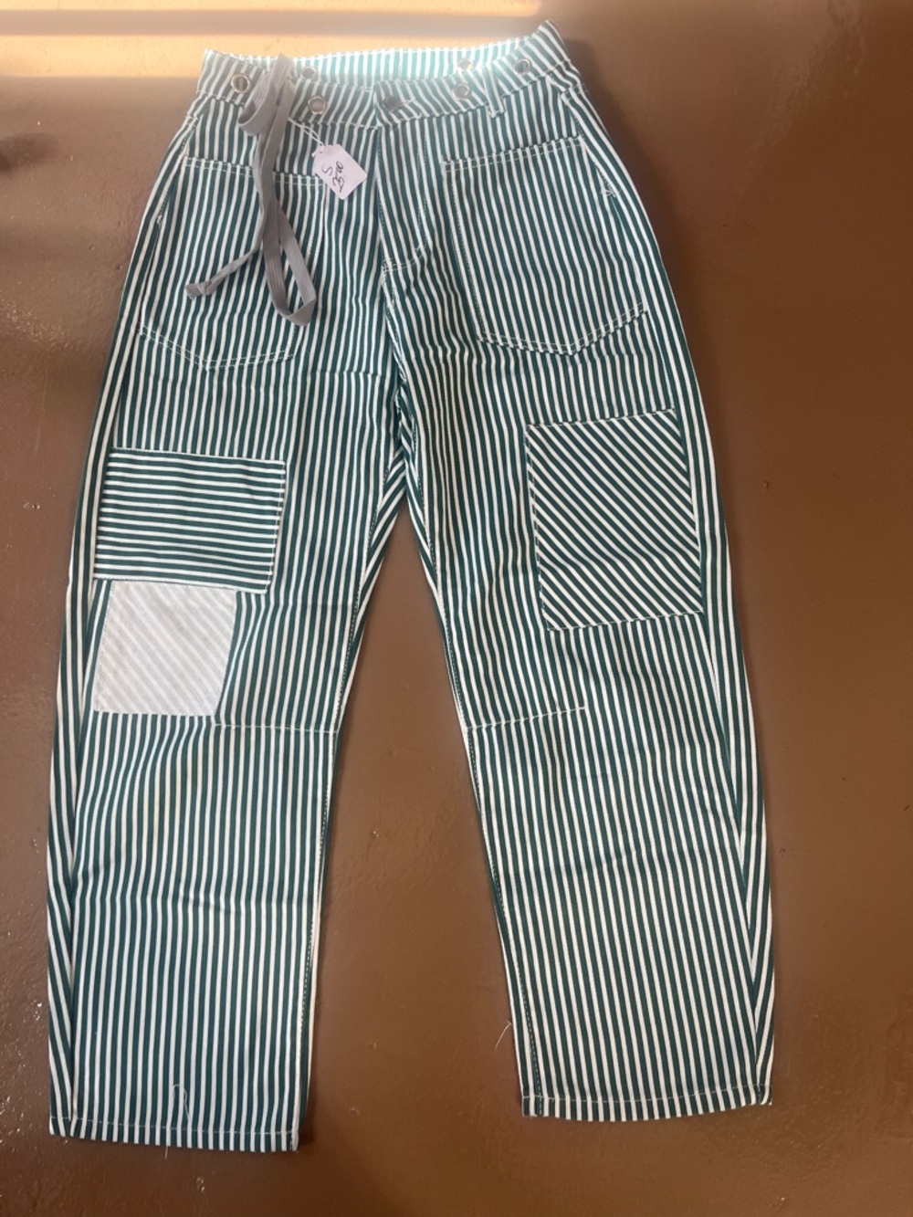 Vintage Green and White Striped Women Jeans